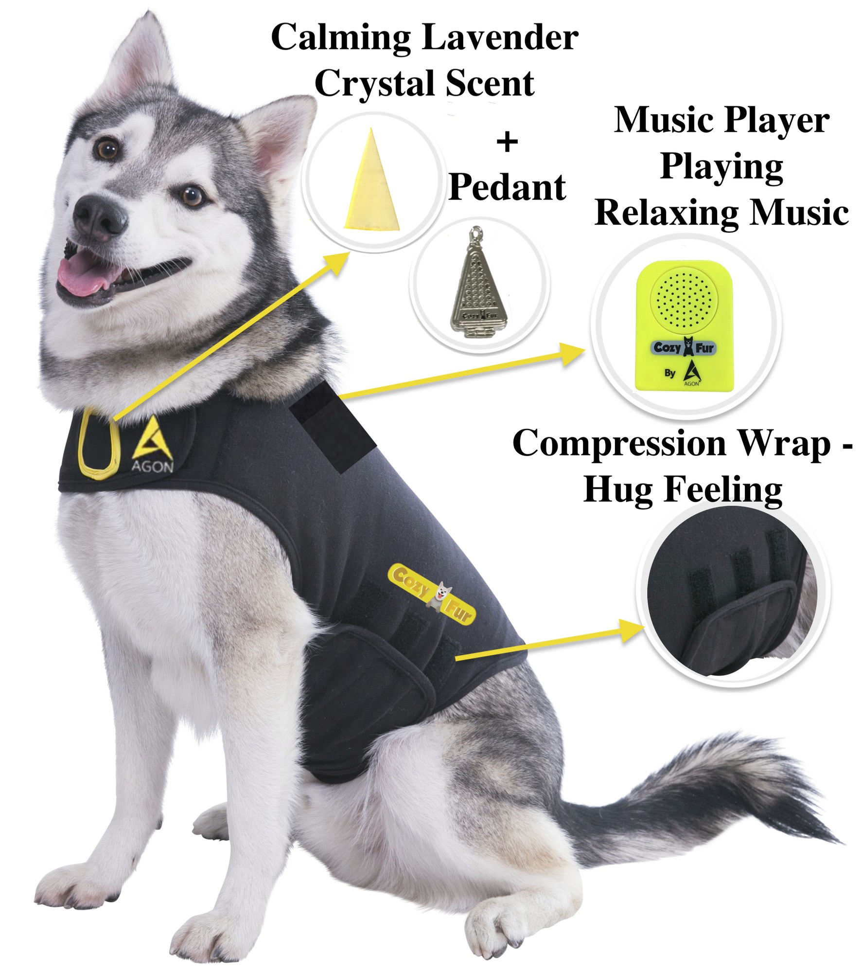 Agon® CozyVest Patent Pending - Canine Dog Cat Anti Anxiety Vest Coat with Calming Essential Oil Lavender Scent & Relaxing Music  Treat Dogs Stress N