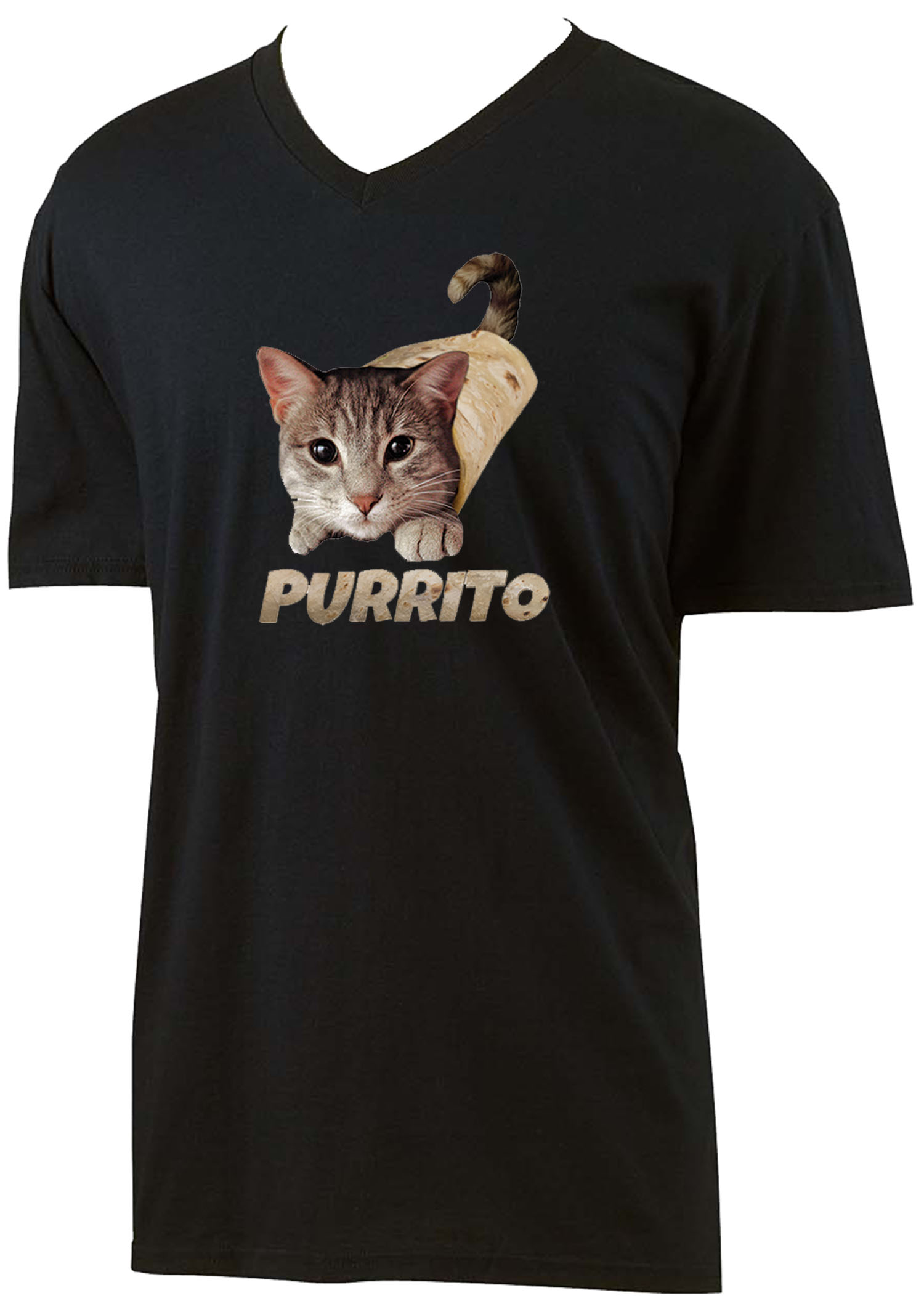 Trendy USA 1507 - Men's V-Neck T-Shirt Purrito Burrito Kitty Cat Lovers Taco Spicy Funny Small Black