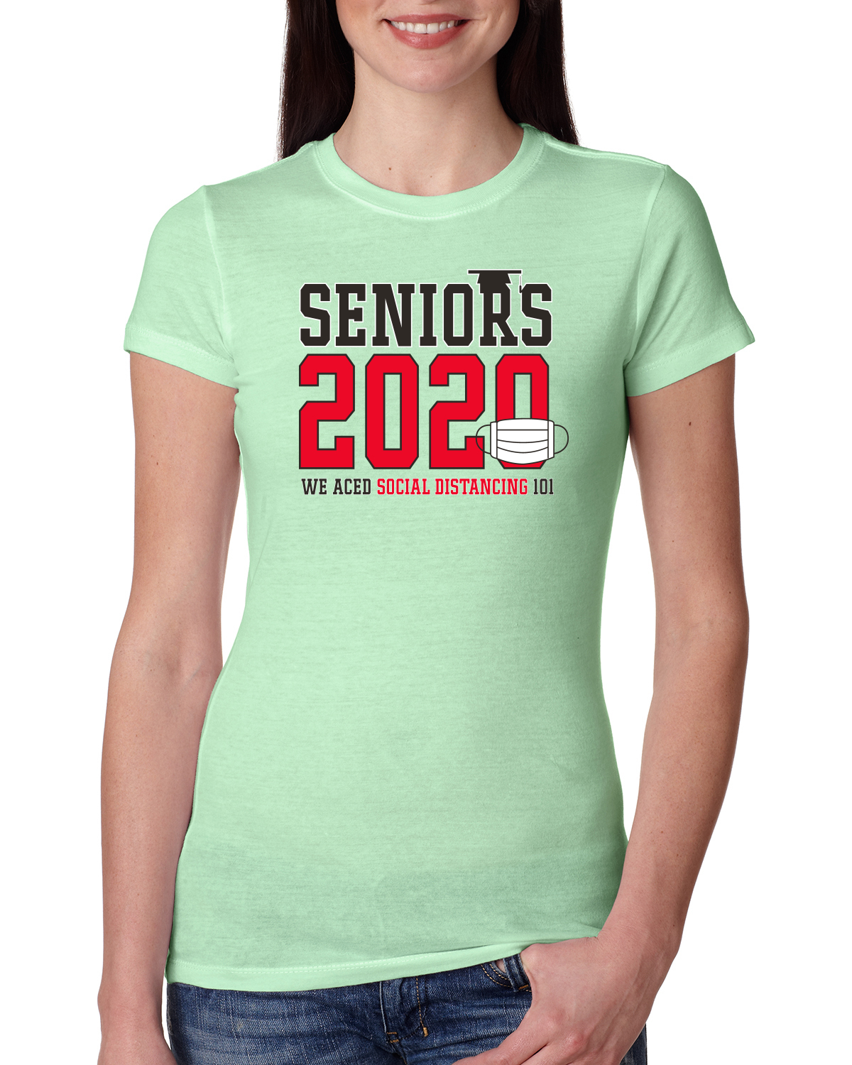 Seniors 2020 We Aced 101 Funny Gift  Womens Pop Culture Slim Fit Junior Tee, Mint, Small