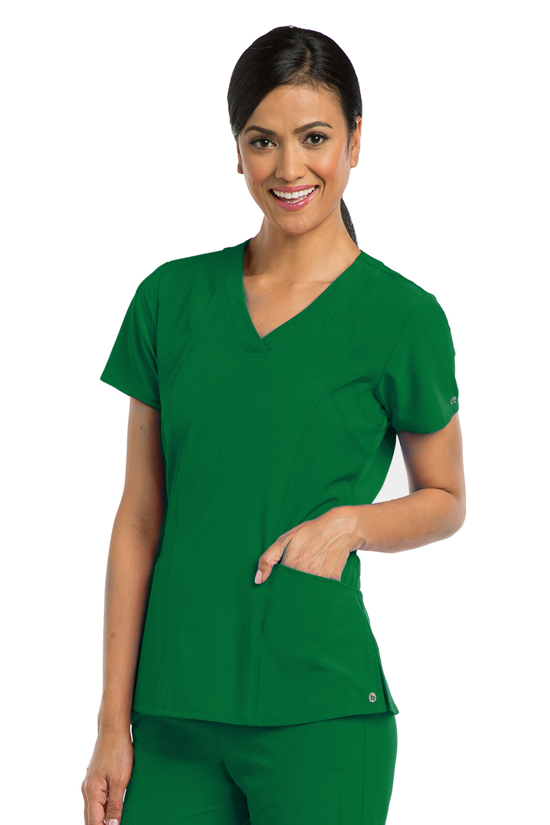 Barco One 5105 Racer 4-Pocket Womens V Neck Short Sleeve Tag Free Stretch Fabric Moisture Wicking Scrub Top, Large, Green