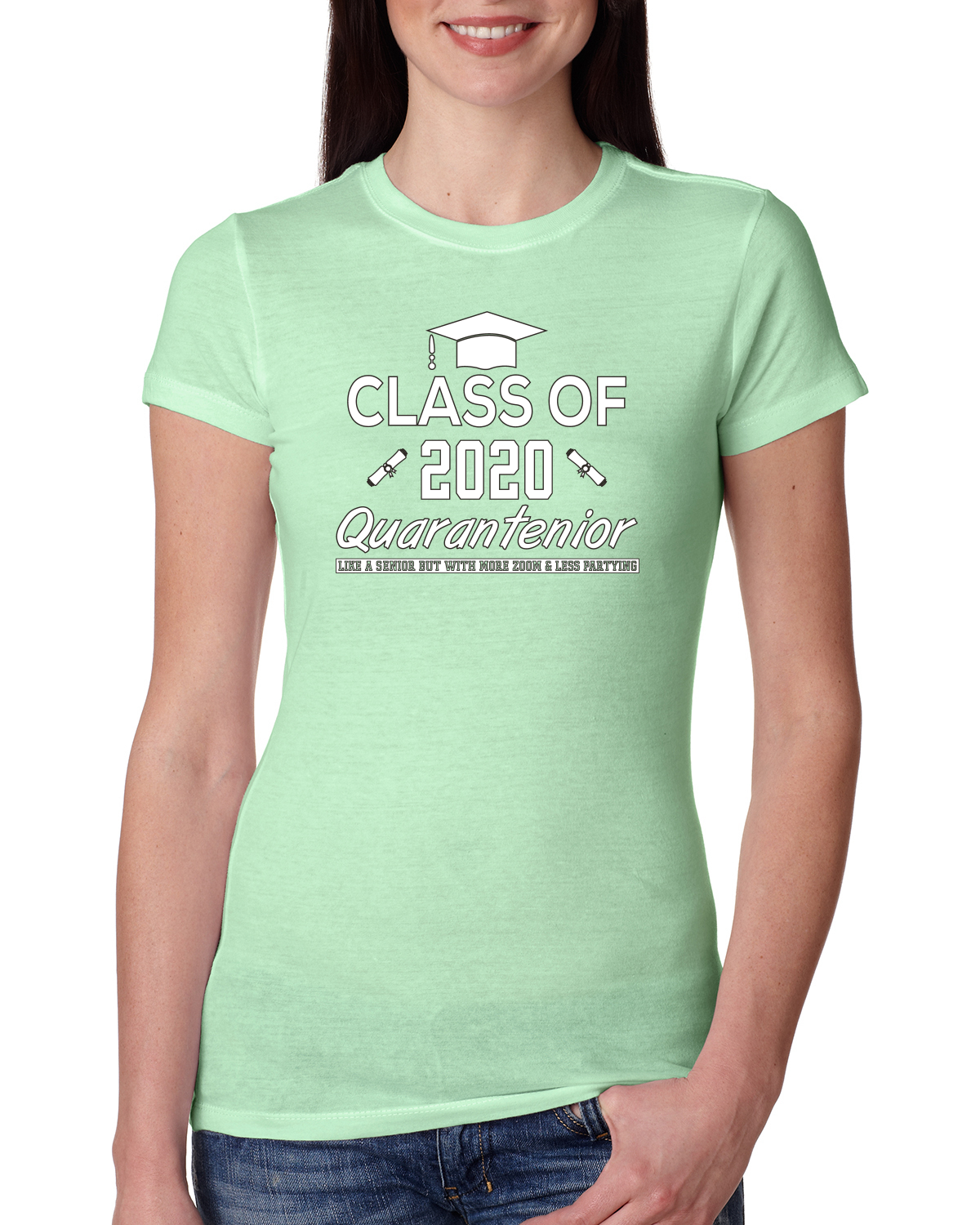 Class of 2020 Senior More Zoom and Less Partying  Womens Pop Culture Slim Fit Junior Tee, Mint, Large