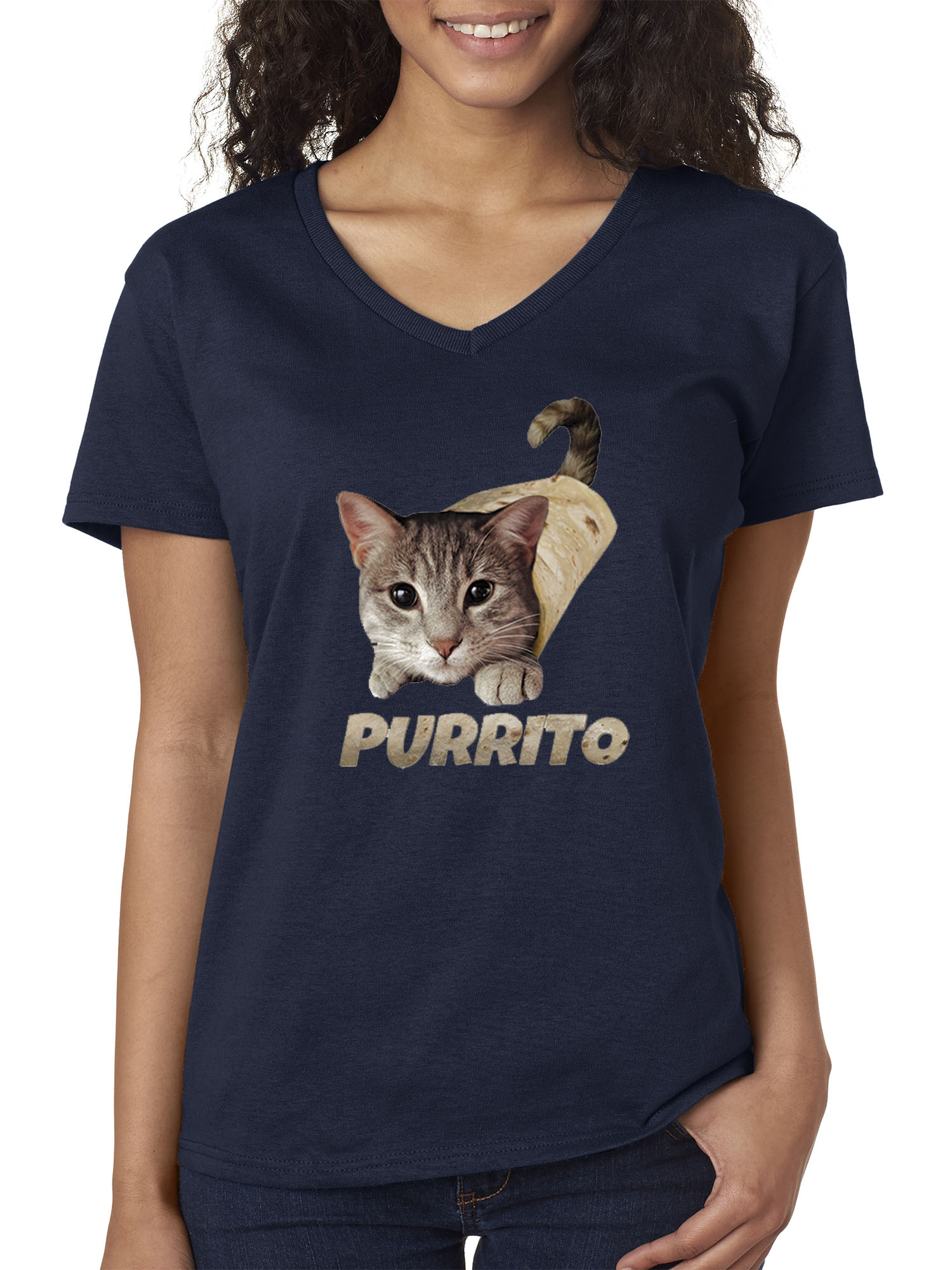 Trendy USA 1507 - Women's V-Neck T-Shirt Purrito Burrito Kitty Cat Lovers Taco Spicy Funny Large Navy