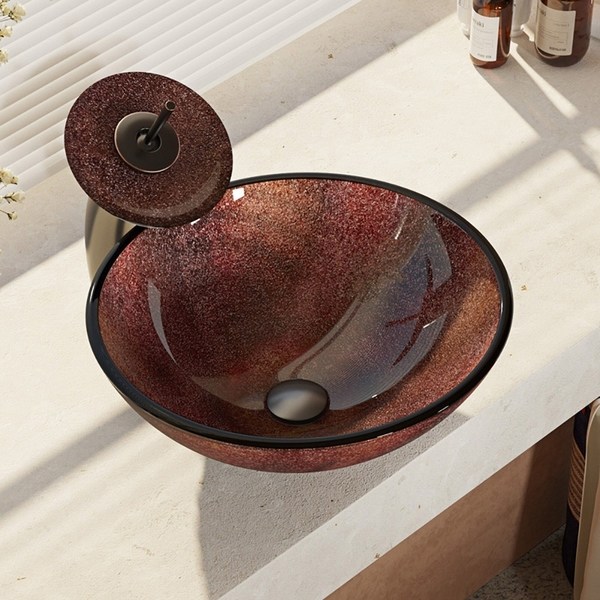 R5-5014-WF Frosted Glass Vessel Sink with Waterfall Faucet, Sink Ring, and Pop-up Drain