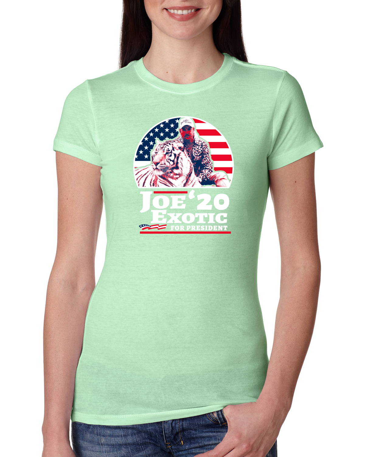 Joe Tiger for President 2020 Joe Exotic Animal Park  Womens Pop Culture Junior Fit Tee, Mint, Medium