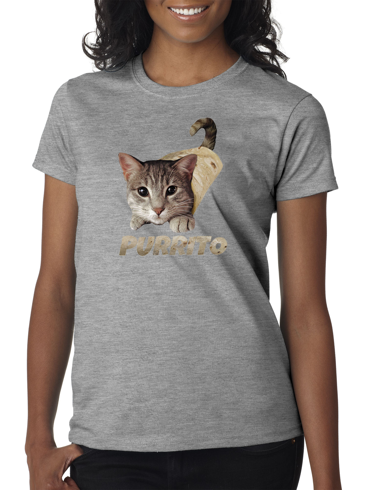 Trendy USA 1507 - Women's T-Shirt Purrito Burrito Kitty Cat Lovers Taco Spicy Funny 2XL Heather Grey