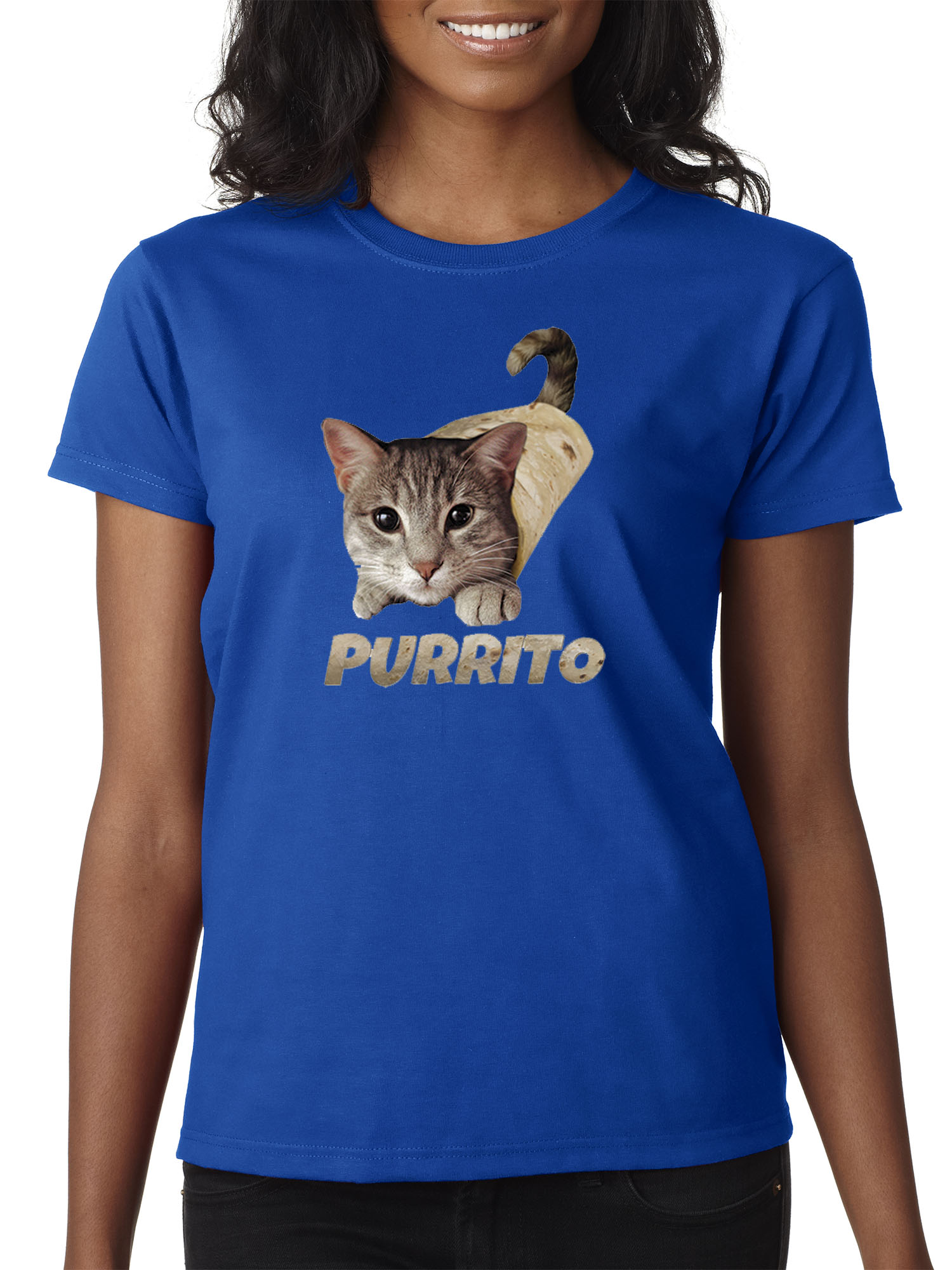 Trendy USA 1507 - Women's T-Shirt Purrito Burrito Kitty Cat Lovers Taco Spicy Funny Medium Royal Blue