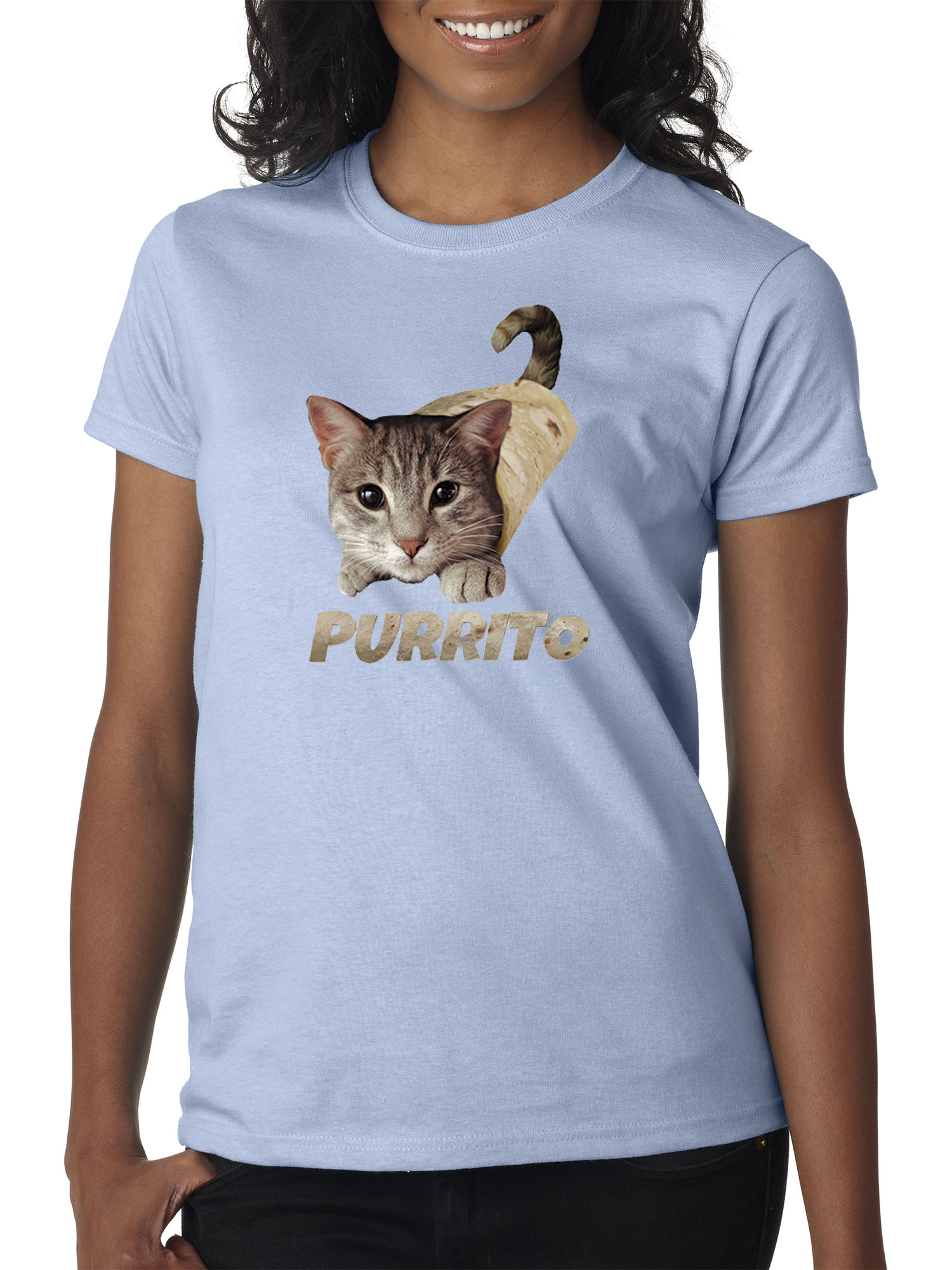 Trendy USA 1507 - Women's T-Shirt Purrito Burrito Kitty Cat Lovers Taco Spicy Funny XS Light Blue
