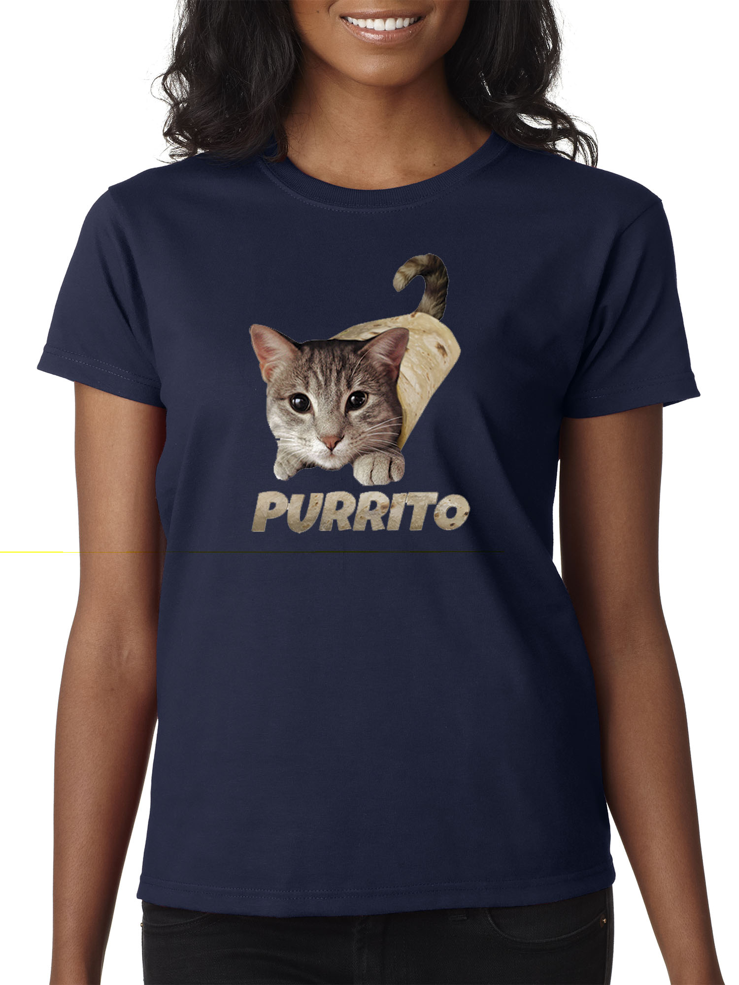 Trendy USA 1507 - Women's T-Shirt Purrito Burrito Kitty Cat Lovers Taco Spicy Funny Small Navy