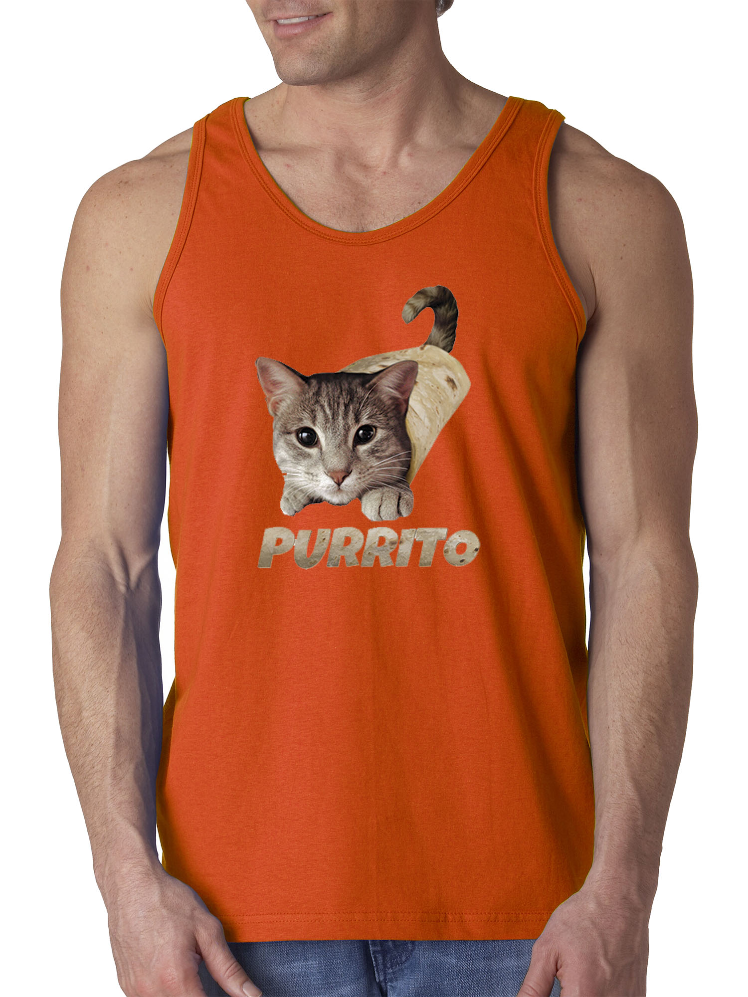 Trendy USA 1507 - Men's Tank-Top Purrito Burrito Kitty Cat Lovers Taco Spicy Funny Large Orange