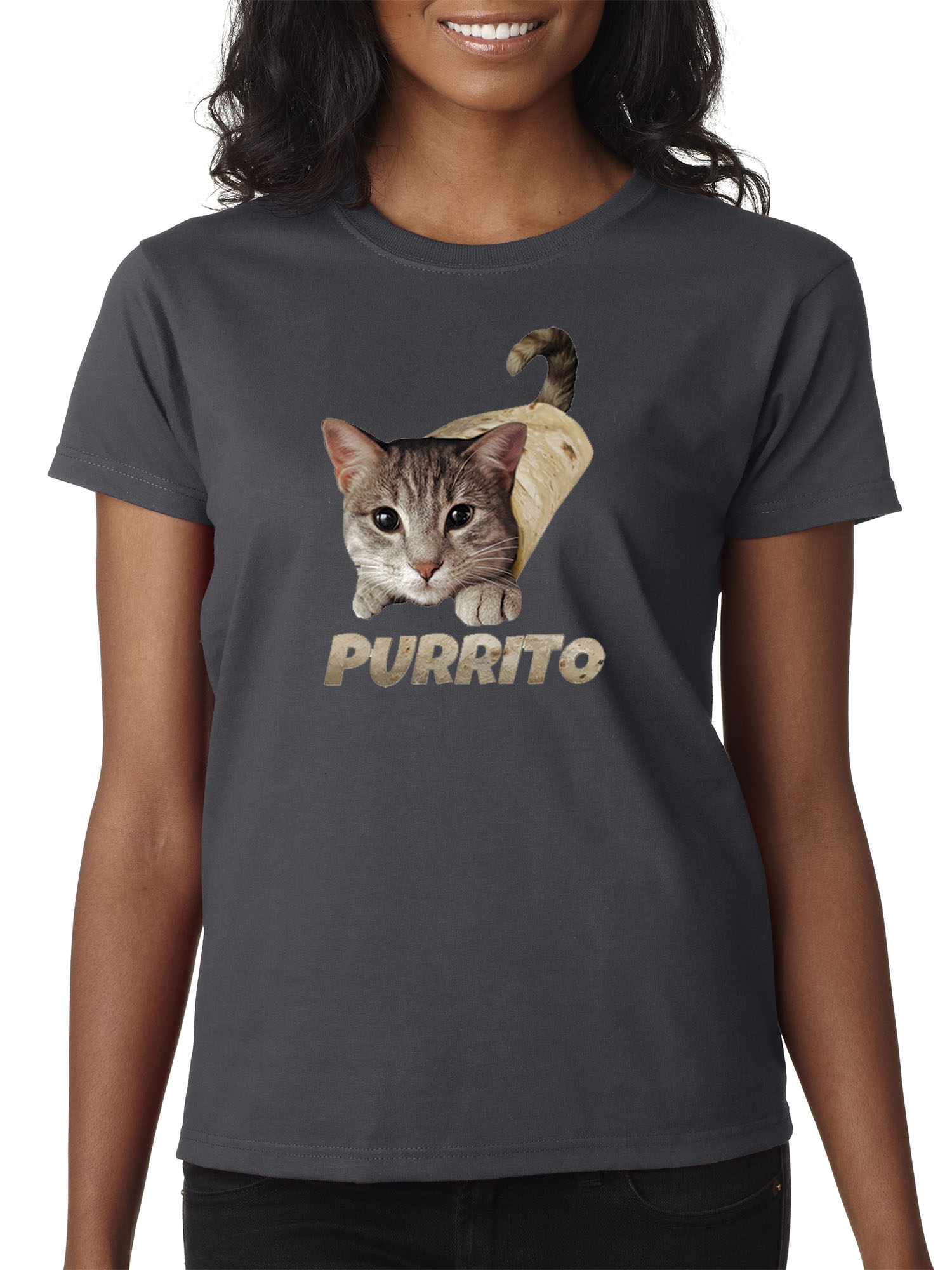 Trendy USA 1507 - Women's T-Shirt Purrito Burrito Kitty Cat Lovers Taco Spicy Funny 2XL Charcoal