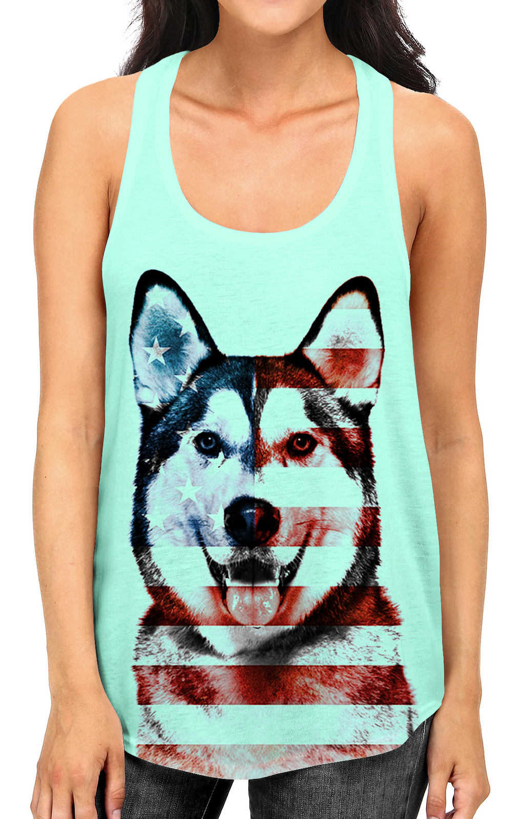 Junior S American Flag Husky B751 Mint Green Racerback Tank Top X-Large