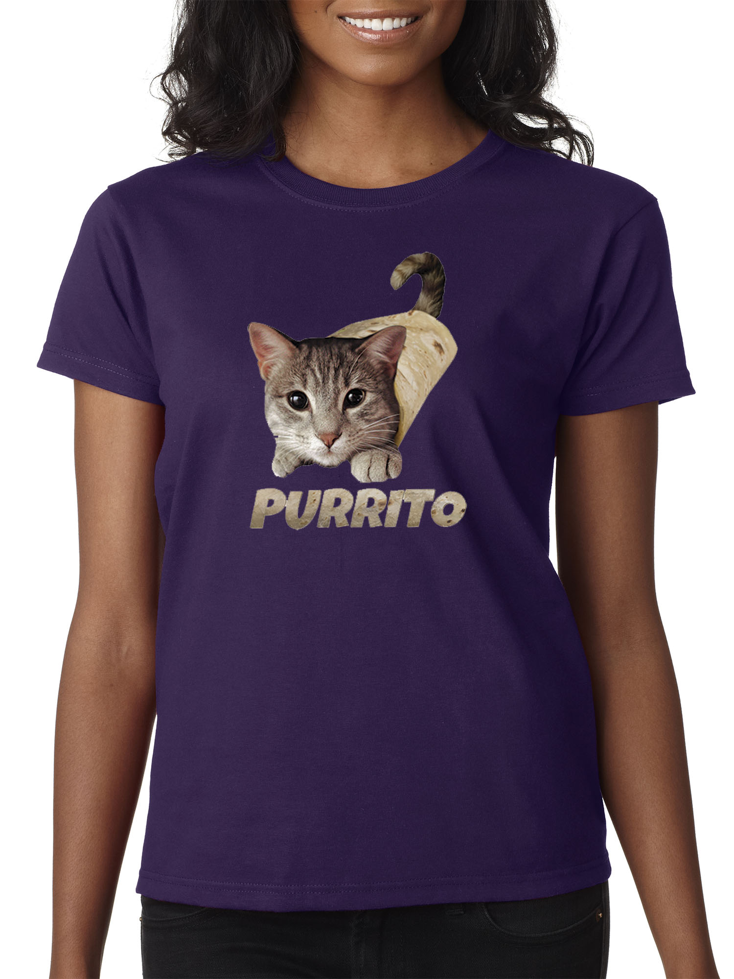 Trendy USA 1507 - Women's T-Shirt Purrito Burrito Kitty Cat Lovers Taco Spicy Funny Small Purple