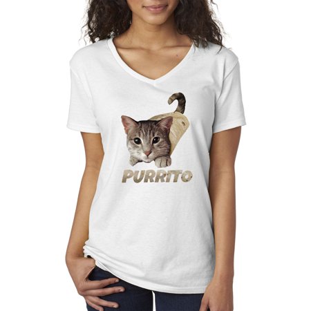 Trendy USA 1507 - Women's V-Neck T-Shirt Purrito Burrito Kitty Cat Lovers Taco Spicy Funny 2XL White