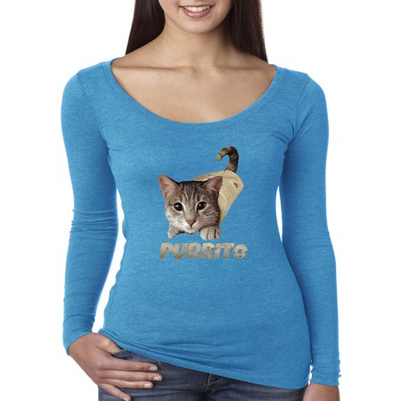 Trendy USA 1507 - Women's Long Sleeve T-Shirt Purrito Burrito Kitty Cat Lovers Taco Spicy Funny 2XL Turquoise