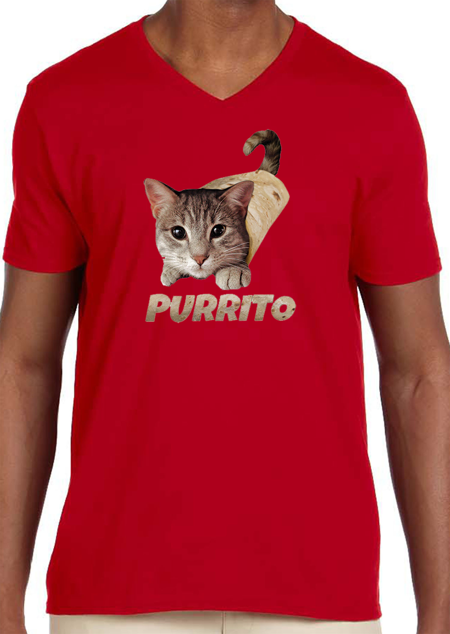 Trendy USA 1507 - Men's V-Neck T-Shirt Purrito Burrito Kitty Cat Lovers Taco Spicy Funny Small Red