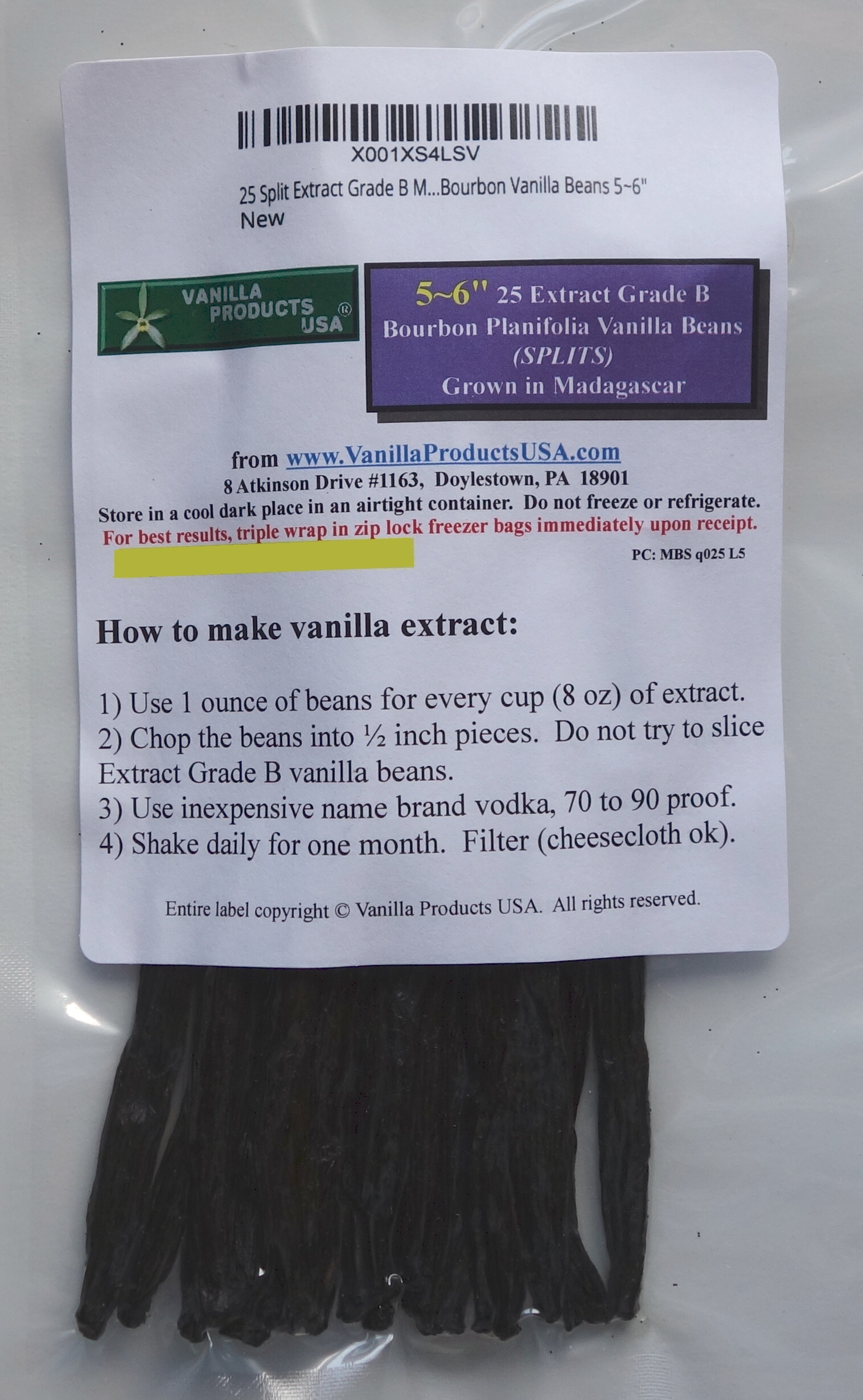 25 Split Extract Grade B Madagascar Bourbon Vanilla Beans 5~6" By Vanilla Products USA