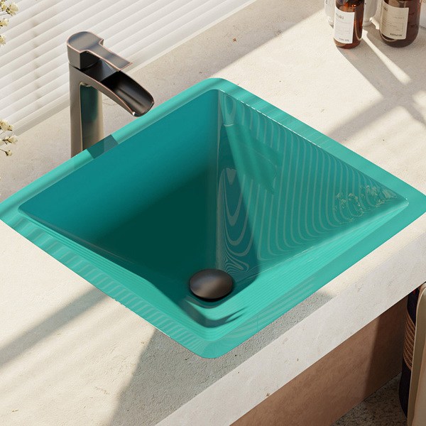 R5-5003-CER-R9-7007 Cerulean Colored Glass Vessel Sink with Faucet, Sink Ring, and Pop-up Drain