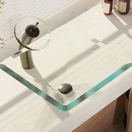 R5-5003-CRY-WF Crystal Glass Vessel Sink with Waterfall Faucet, Sink Ring, and Pop-up Drain