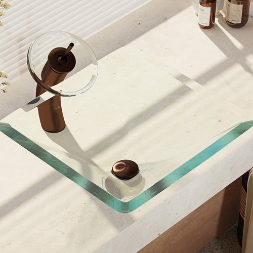 R5-5003-CRY-WF Crystal Glass Vessel Sink with Waterfall Faucet, Sink Ring, and Pop-up Drain