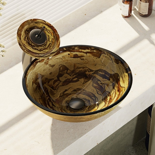 R5-5029-WF Foil Undertone Glass Vessel Sink with Waterfall Faucet, Sink Ring, and Pop-up Drain