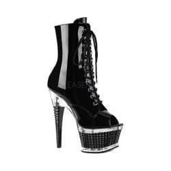 Women's Pleaser Illusion 1021 Open-Toe Bootie, Size: 11 M, Black Patent/Black