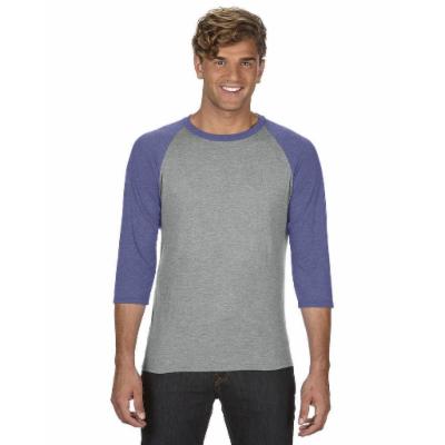 Anvil 6755 Adult Triblend 3/4-Sleeve Raglan T-Shirt in Heather Gray/True Blue Size Medium