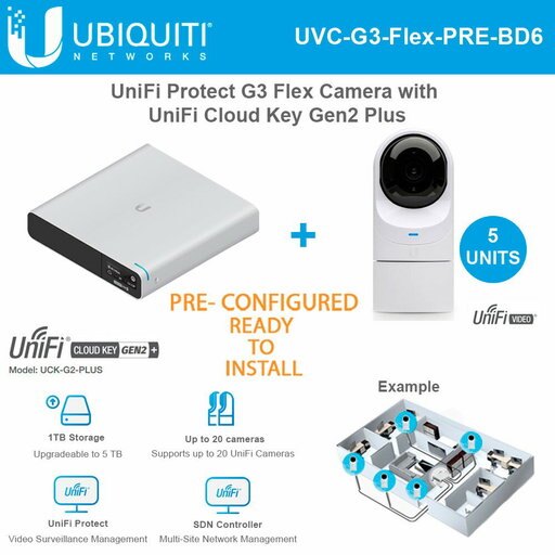 Ubiquiti Networks UniFi Protect G3 Flex Camera PRE-CONFIGURED 5 UNITS UVC-G3-Flex-5 Full HD 1080p with Night Vision with UniFi Cloud Key Gen2 Plus.