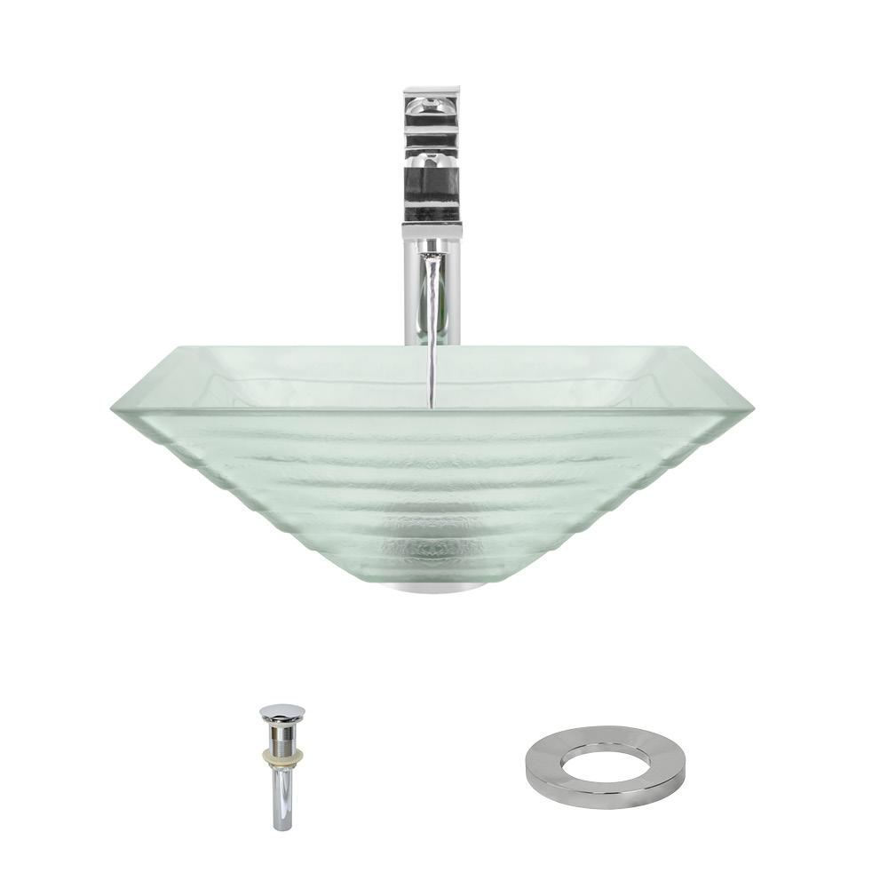 604 Glass Vessel Sink, with Chrome Vessel Faucet, Sink Ring, and Vessel Pop-up Drain