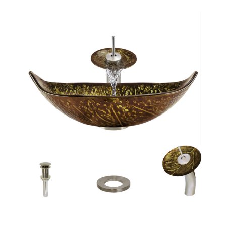 643 Foil Undertone Leaf Glass Vessel Sink, Brushed Nickel Vessel Faucet, Sink Ring, and Vessel Pop-up Drain