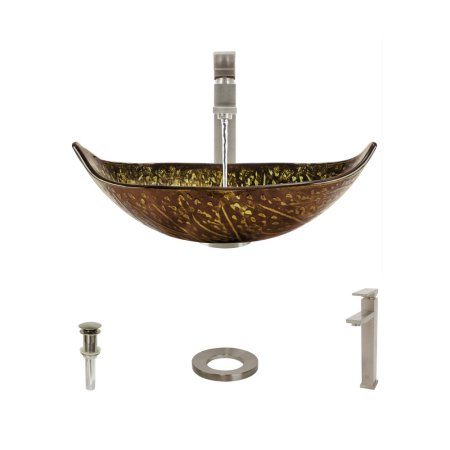 643 Foil Undertone Leaf Glass Vessel Sink, Brushed Nickel Vessel Faucet, Sink Ring, and Vessel Pop-up Drain
