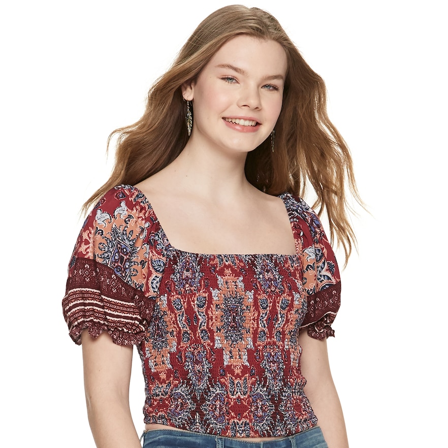 Juniors' Hint of Mint Scroll Smocked Crop Top, Girl's, Size: Small, Dark Red