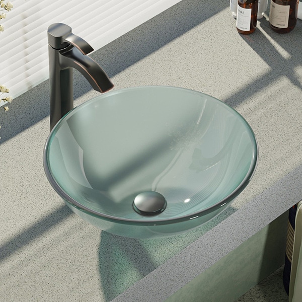 R5-5002-R9-7006 Frosted Glass Vessel Sink with Faucet, Sink Ring, and Pop-up Drain