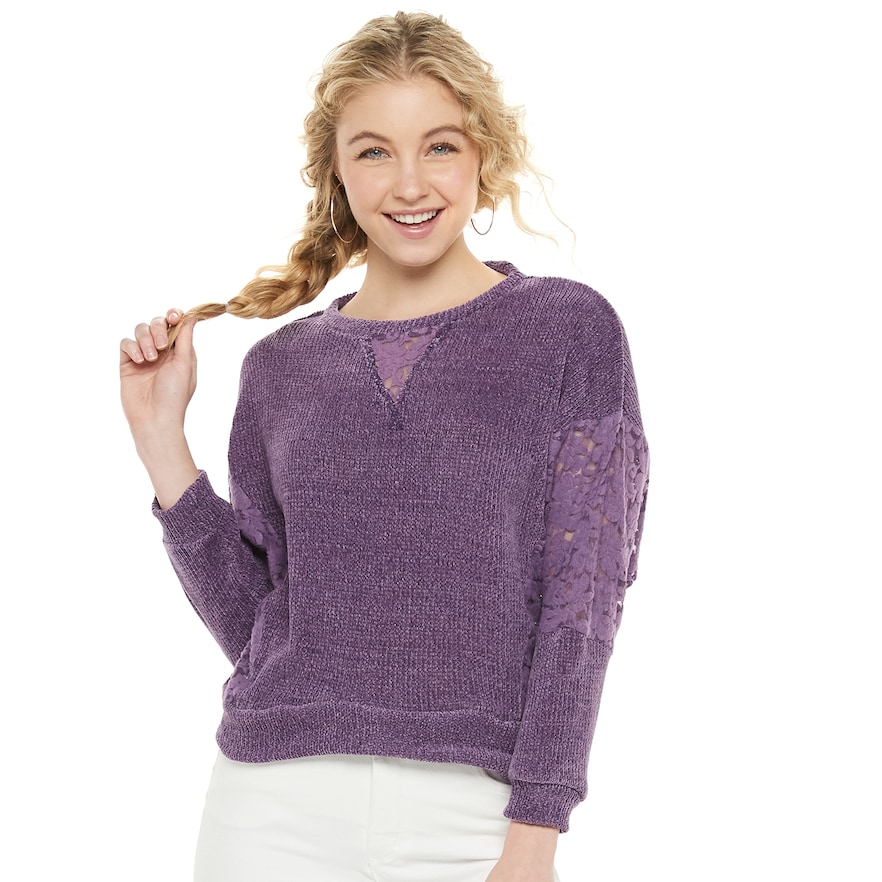 Juniors' Hint of Mint Lace Trim Chenille Sweater, Girl's, Size: XXL, Drk Purple