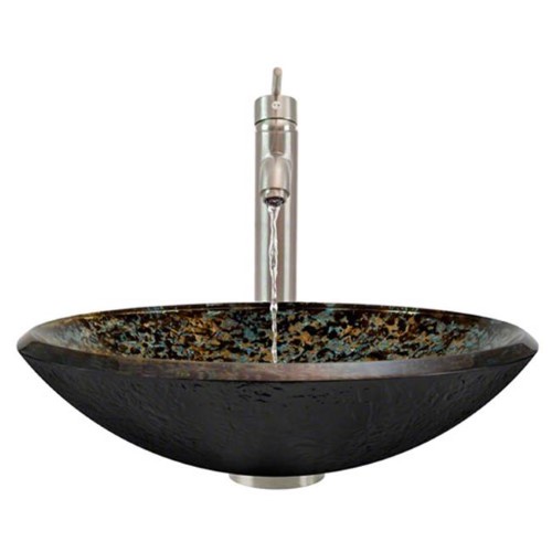 634 Hand-Painted Foil Undertone Glass Vessel Sink, Brushed Nickel Vessel Faucet, Sink Ring, and Vessel Pop-up Drain