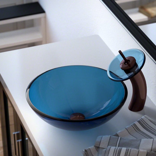 601 Aqua Colored Glass Vessel Sink, with Oil Rubbed Bronze Vessel Faucet, Sink Ring, and Vessel Pop-up Drain (718)