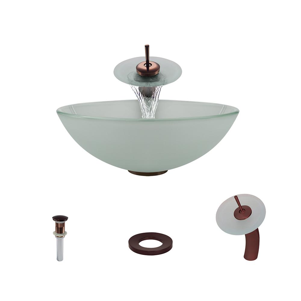 602 Frosted Glass Vessel Sink, with Oil-Rubbed Bronze Vessel Faucet, Sink Ring, and Vessel Pop-up Drain