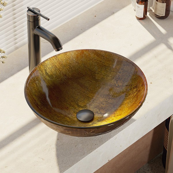 R5-5030-R9-7001 Glass Vessel Bathroom Sink with Faucet, Sink Ring, and Pop-up Drain