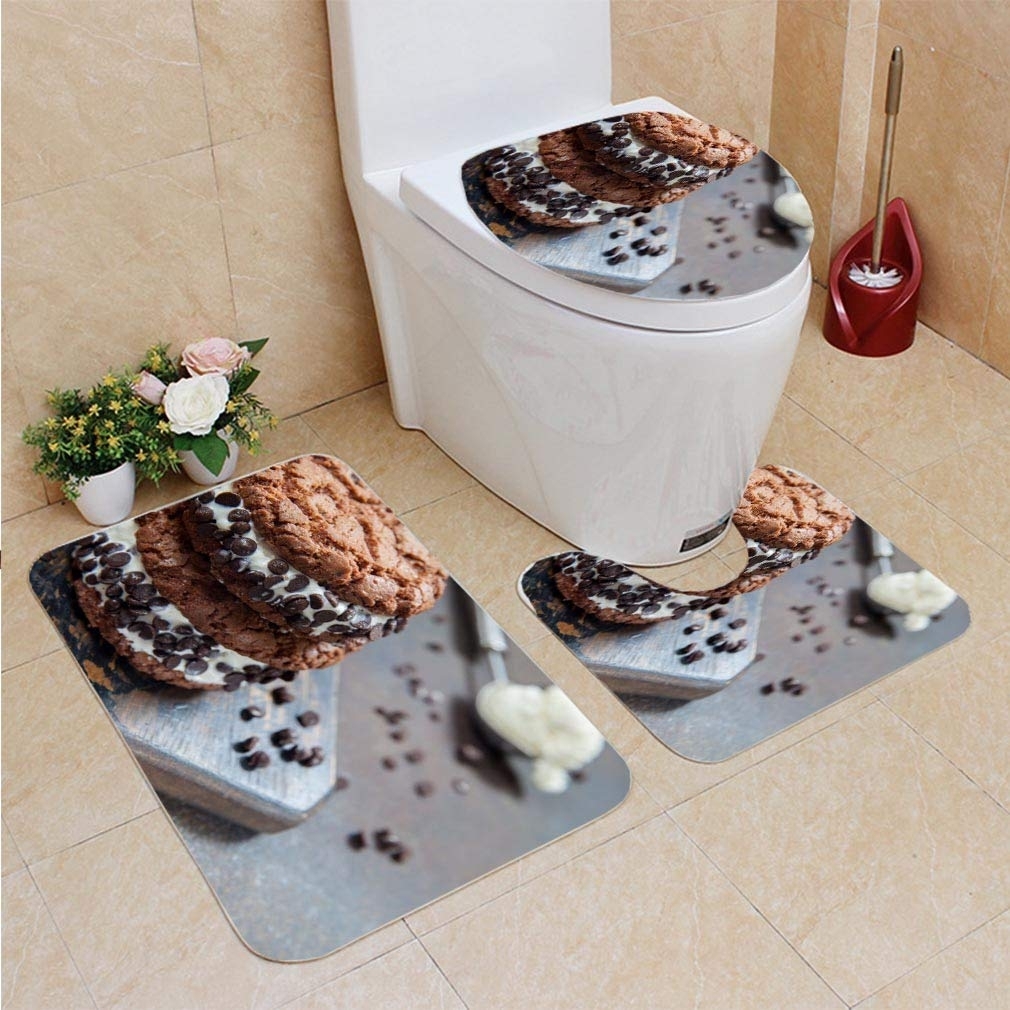 CHAPLLE Vanilla Ice Cream Sandwiches Chocolate Drops Cookies 3 Piece Bathroom Rugs Set Bath Rug Contour Mat and Toilet Lid Cover