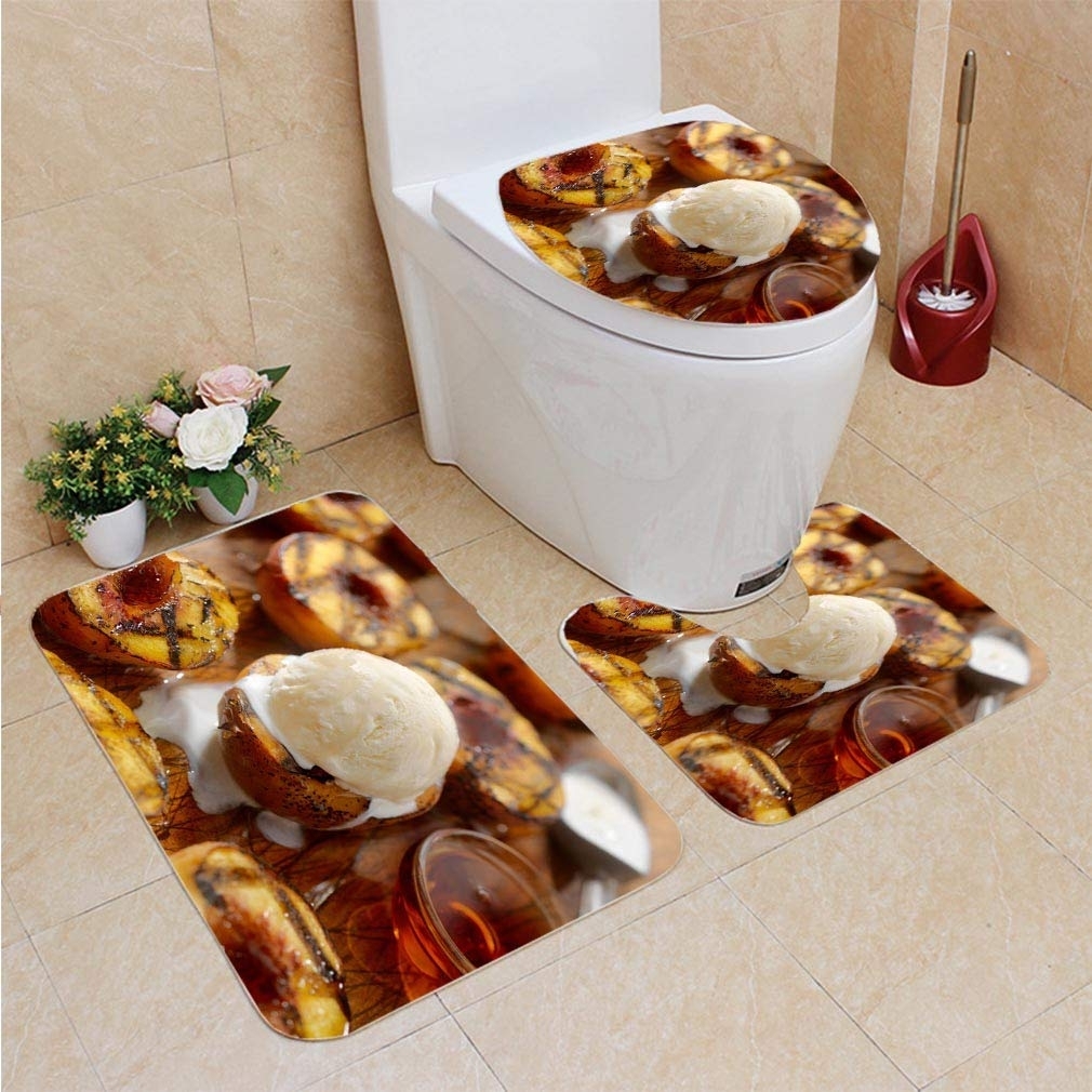 GOHAO Grilled Peaches Vanilla Ice Cream Maple Syrup 3 Piece Bathroom Rugs Set Bath Rug Contour Mat and Toilet Lid Cover