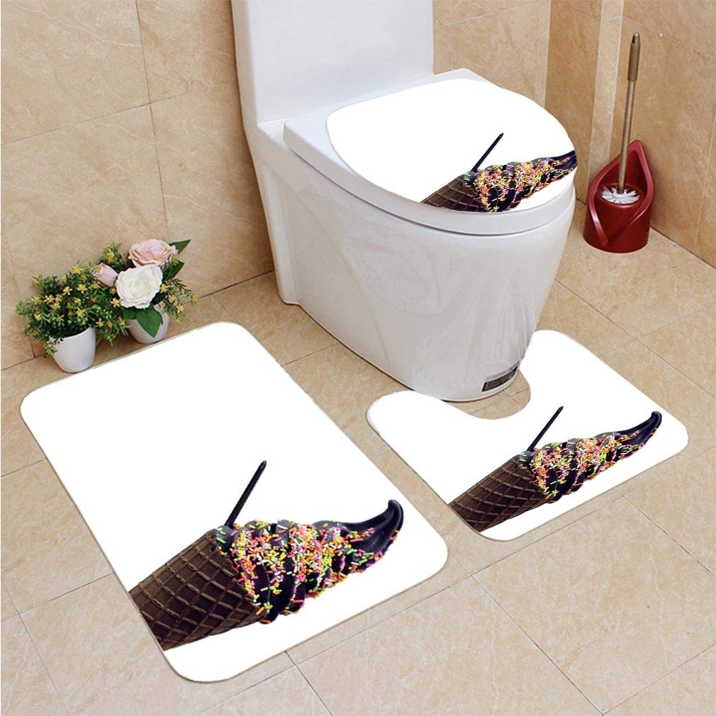 CHAPLLE Frozen Yogurt Charcoal Soft Serve Ice Cream in Cone Premium Milk Low 3 Piece Bathroom Rugs Set Bath Rug Contour Mat and Toilet Lid Cover