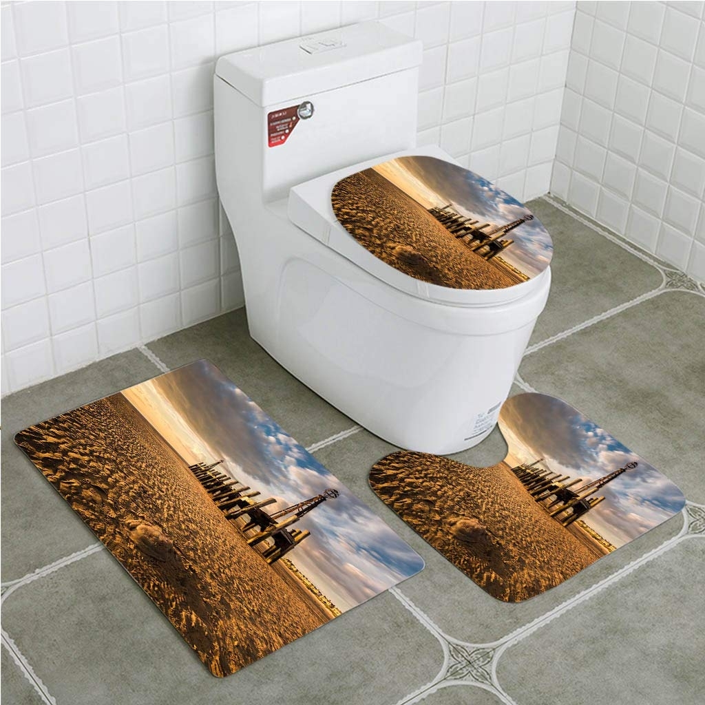 GOHAO Golden Hour at a Beach Jellyfish and Old Pier 3 Piece Bathroom Rugs Set Bath Rug Contour Mat and Toilet Lid Cover