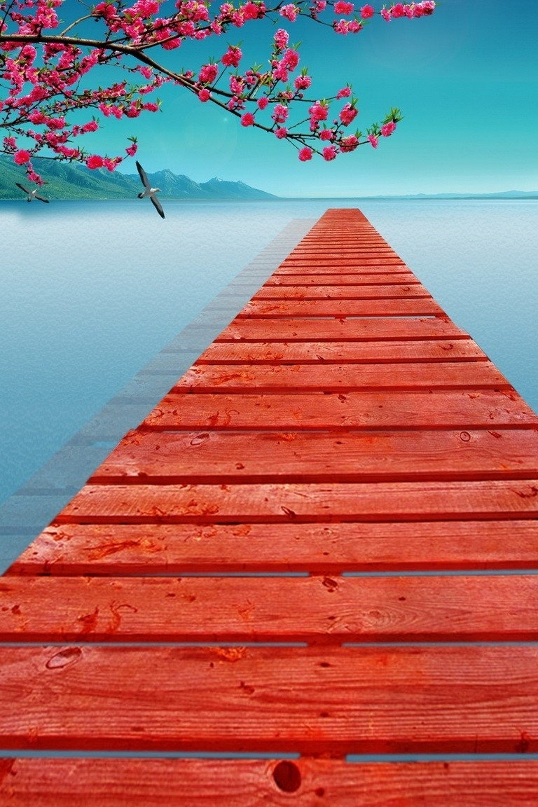 ABPHOTO Polyester Red Wooden Long Path Into Water Sea Blue Sky Scenery Wedding Studio Photography Backdrops 5x7ft