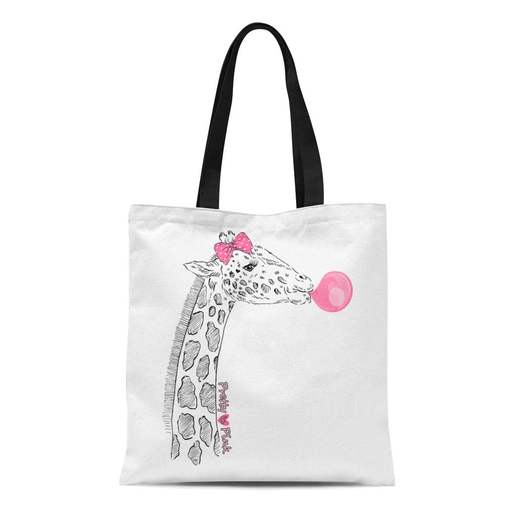 LADDKE Canvas Tote Bag Pink Portrait of Giraffe Girl Bubble Gum Cool Reusable Shoulder Grocery Shopping Bags Handbag