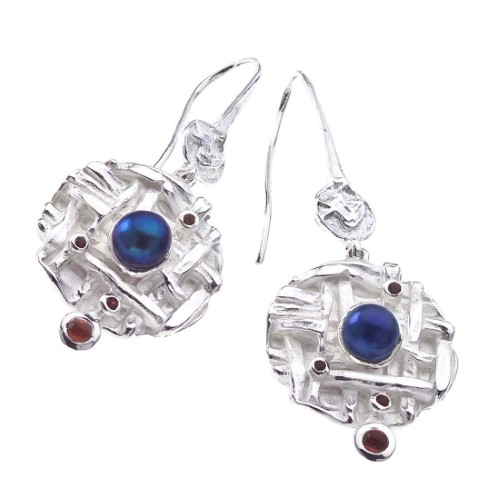 Triple Charm Sterling Silver Garnet & Black Pearl Earrings