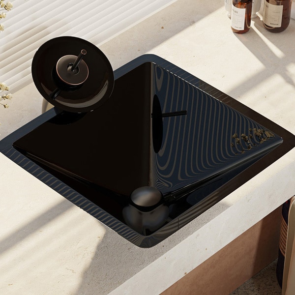 R5-5003-nor-WF Noir Dark Colored Glass Vessel Sink with Waterfall Faucet, Sink Ring, and Pop-up Drain