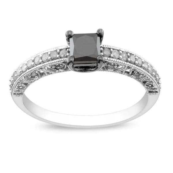 Miadora 10k White Gold 1ct TDW Princess-cut Black and White Diamond Ring