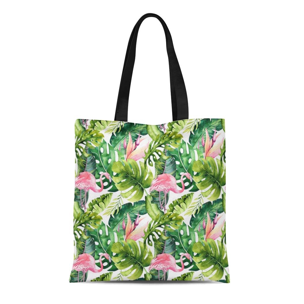 LADDKE Canvas Bag Resuable Tote Grocery Shopping Bags Tropical with Flamingo Watercolor Tropic Drawing Rose Bird and Greenery Palm Tre Tote Bag