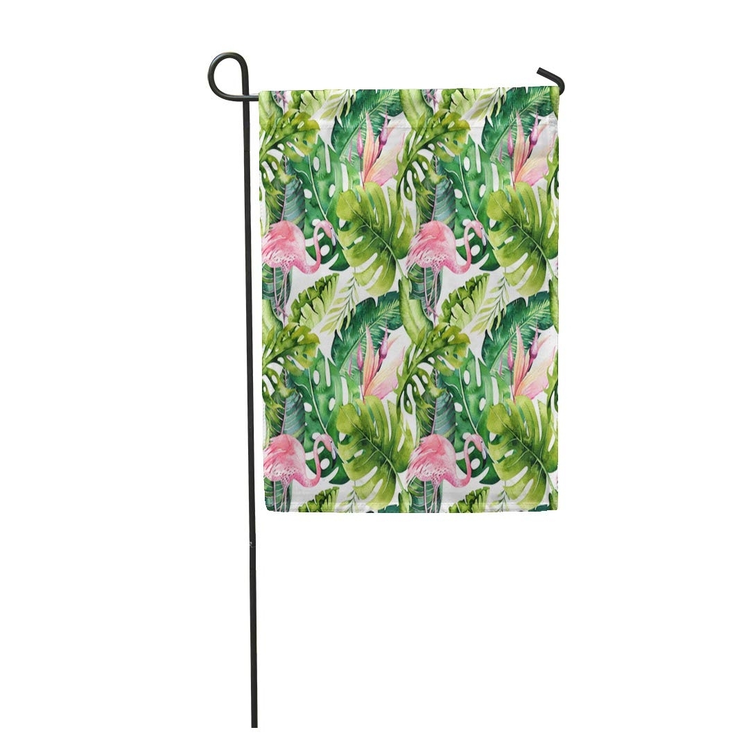 SIDONKU Tropical with Flamingo Watercolor Tropic Drawing Rose Bird and Greenery Palm TRE Garden Flag Decorative Flag House Banner 28x40 Inch