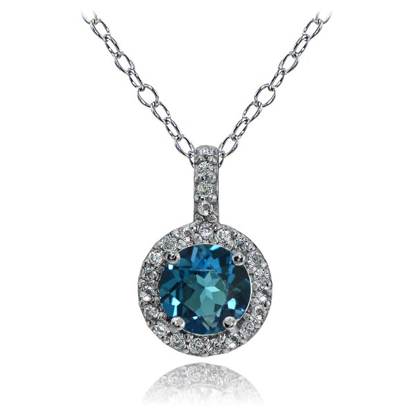 Glitzy Rocks Sterling Silver London Blue and White Topaz Halo Necklace (london Blue Topaz)