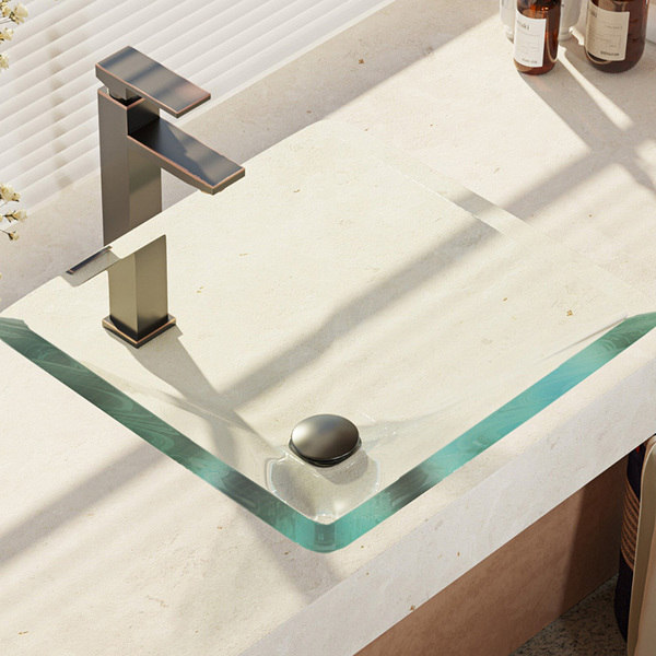 R5-5003-CRY-R9-7003 Crystal Glass Vessel Sink with Faucet, Sink Ring, and Pop-up Drain